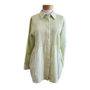 Kate Hill 100% Linen Green Pintuck Pleated Button Down Collared Tunic Top PM